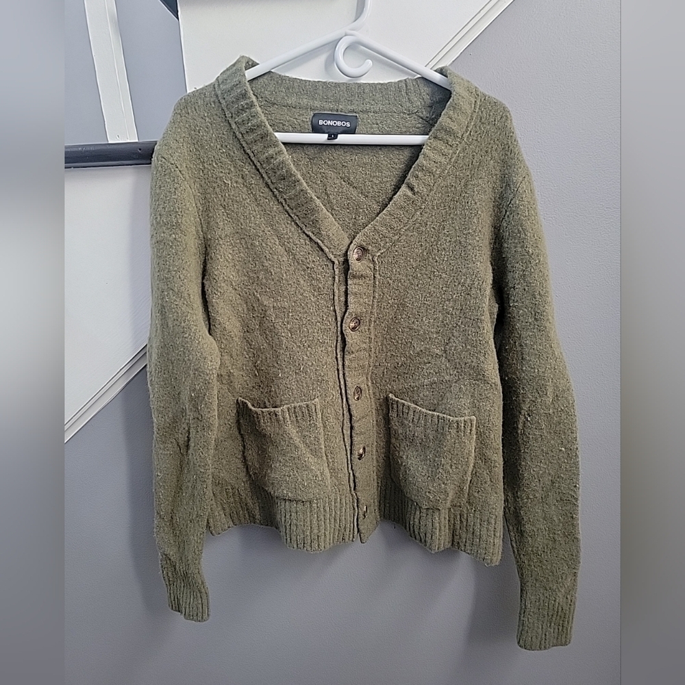 Bonobos Men's Bouclé Cardigan Olive Green Wool Large Preppy Academia - Picture 2 of 5